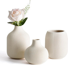 Kleines Keramikvasen-Set 3-TLG Beige - Minimalistische Vasen Mit Rillendesign, K