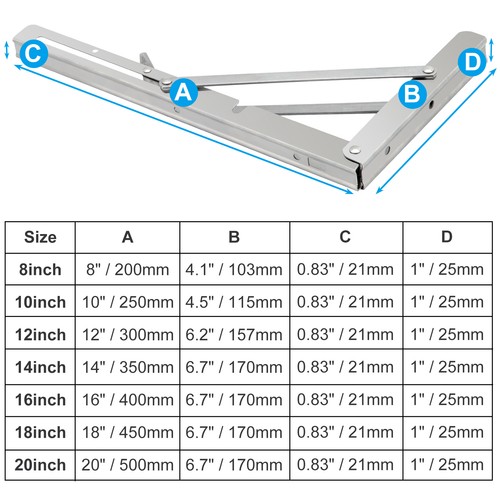 2-10Pcs Folding Shelf Brackets Stainless Steel Fold Down Table Brackets 8-20Inch - Picture 19 of 22