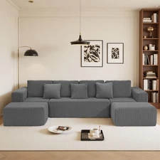 Modular U-Shaped Sectional Sofa, Chaise Lounge, Striped Corduroy Fabric in Gray