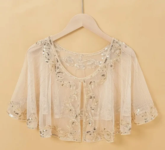 FLAPPER SEQUIN SHAWL-Sequin & Beaded Apricot Shawl Wrap - Party Accessory - Image 2 of 2