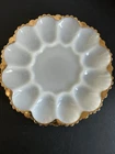 Vintage Milk Glass Deviled Egg Plate 12 Egg Tray Scalloped Gold Gilt Rim Mid Cen
