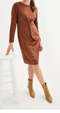 Cognac Faux Suede Long Sleeve Sheath Dress Minimalist Classic Staple Office Work