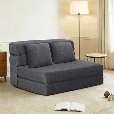 ANONER 60'' Fold Sofa Bed Couch Memory Foam with 2 Pillows Queen, Dark Grey 