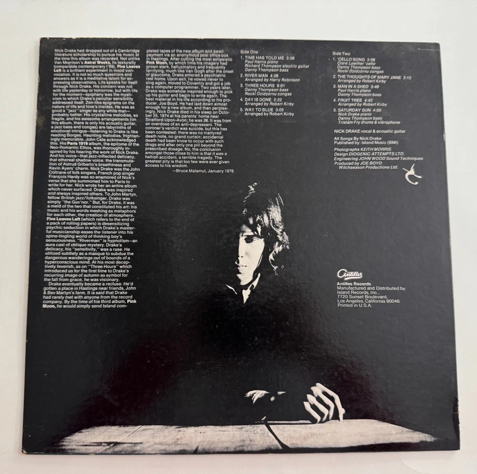 Nick Drake LP "Five Leaves Left" Antilles 7010 1st Press RARE Psych ~ 1973 ~ NM - Image 2 of 4