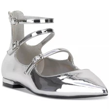 INC INTL Concepts Triple Strap Pointed Toe Flat Valan Size US 8.5M Silver Patent