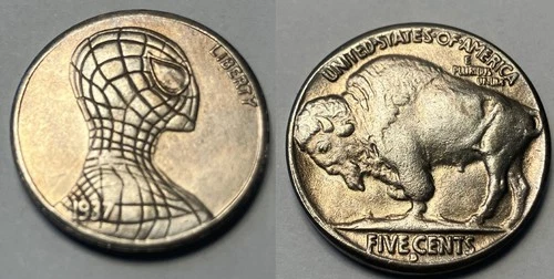 HOBO NICKEL COIN AMAZING SPIDERMAN WEB SLINGER BUFFALO SPIDER FREE SHIP