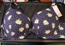 NWT Cacique Boost Plunge Bra Cotton Underwire Daisy Polka Dot Navy 44D