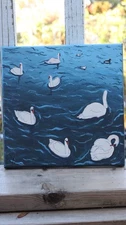 10”x10” Original Acrylic Painting Swans In Zurich Lake