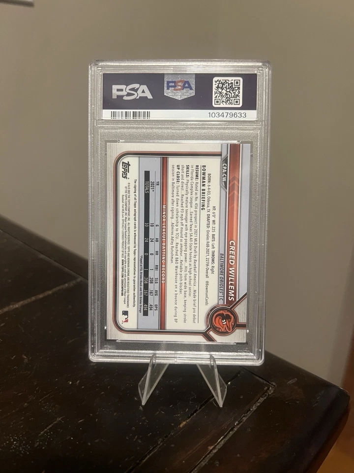 2022 BOWMAN CHROME PROSPECT AUTO TRUE GOLD REFRACTOR CREED WILLEMS RC /50 PSA10 - Image 2 of 3