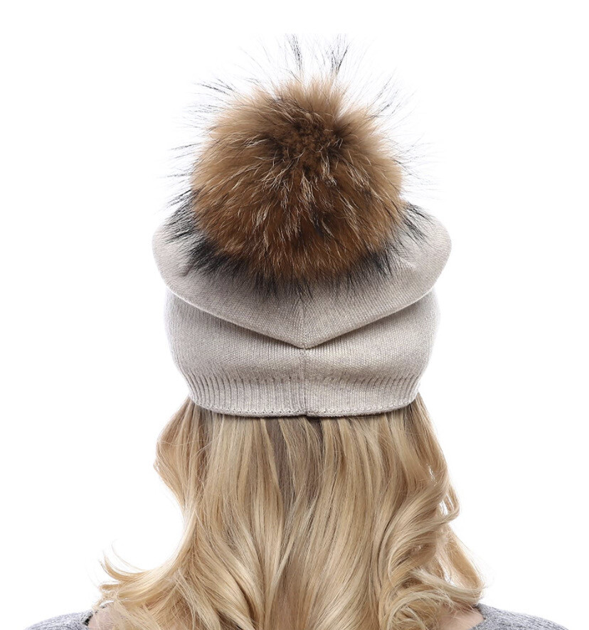 NWT- SOFT! Cashmere Blend Pom Beanie, Champagne DOVIANA Luxe 100% Cashmere Cable Rib Raccoon Fur Pompom  main image 4