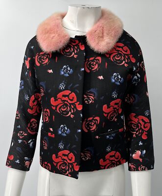 MSGM Rose-Print Horizontal-Ribbed Fur-Collar 3/4 Sleeve Jacket sz 40