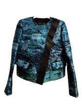 Proenza Schouler Jacket Us 0 $2650 Tweed Jacquard Crop Leather Green Blue Black