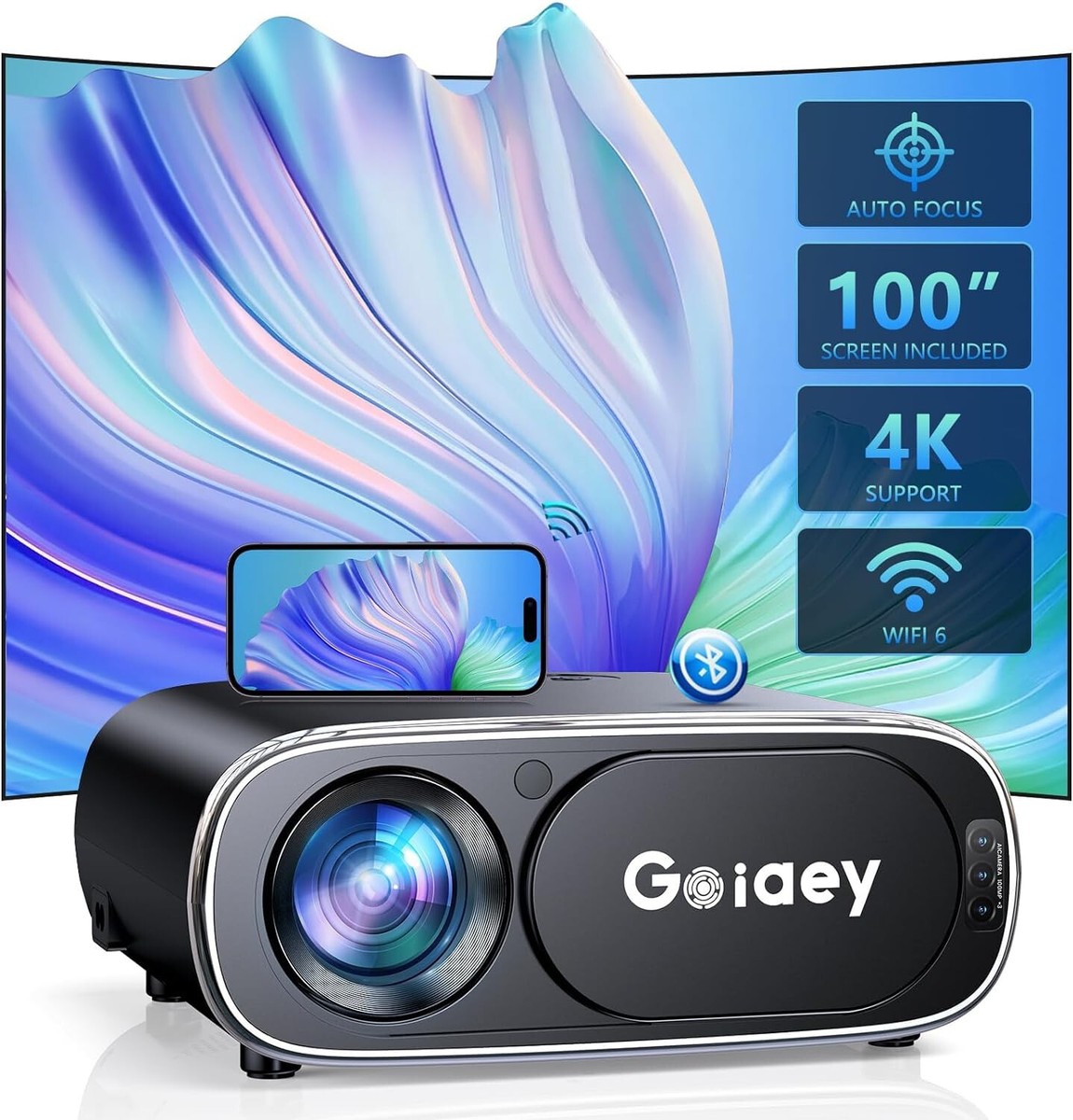 Goiaey Auto Focus Projector w WiFi-6 and Bluetooth 5.2 20000L