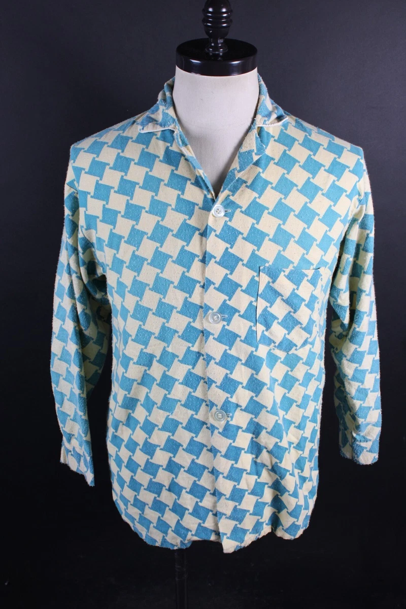 Vintage 60s BRENT Houndstooth Rockabilly Pajama Shirt Mens Size Medium