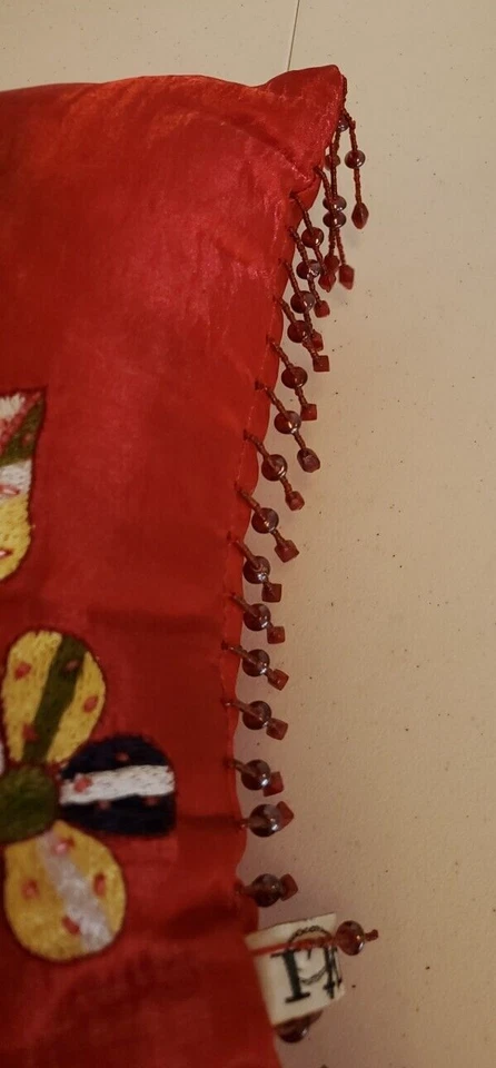 ITR Throw Pillow Silk Red Beaded Floral Hand Stitched 16 X 13 - Image 3 of 4