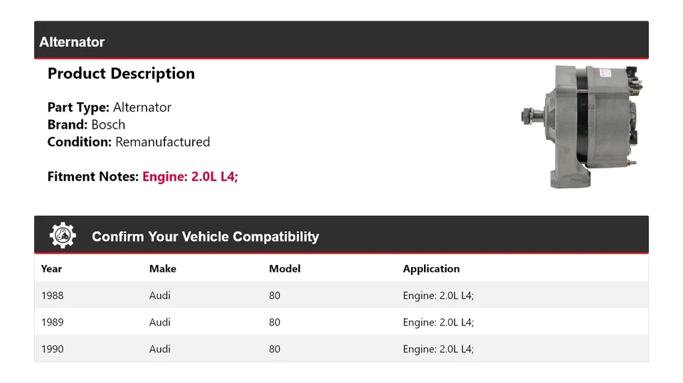 Alternador Bosch 2.0L L4 1988-1990 (remanufacturado) 1989 Foto 2 de 4