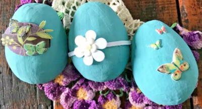 Papier-mâché Chalk Painted Turquoise Eggs Decorated Easter Set Of Three