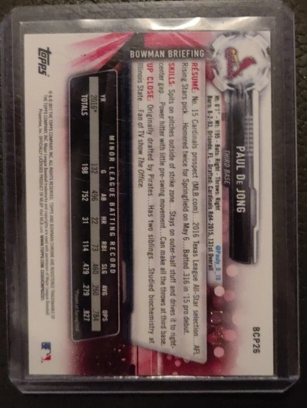 Paul DeJong PSA 10 2017 Bowman Chrome Prospects BCP26 Gold Refractor /50 - Image 2 of 2