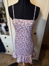 SHEIN Short Stretch Dress Size S Orange Floral Sleeveless Strappy Flounce Hem