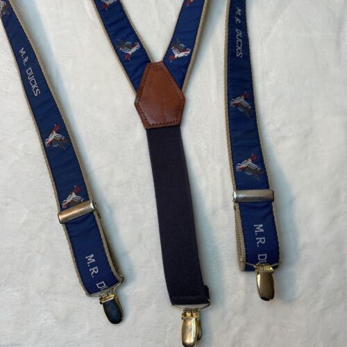 Vintage MR. Suspendentifs logo pour hommes canards bleu marine cuir brun embelli - Photo 1 sur 12