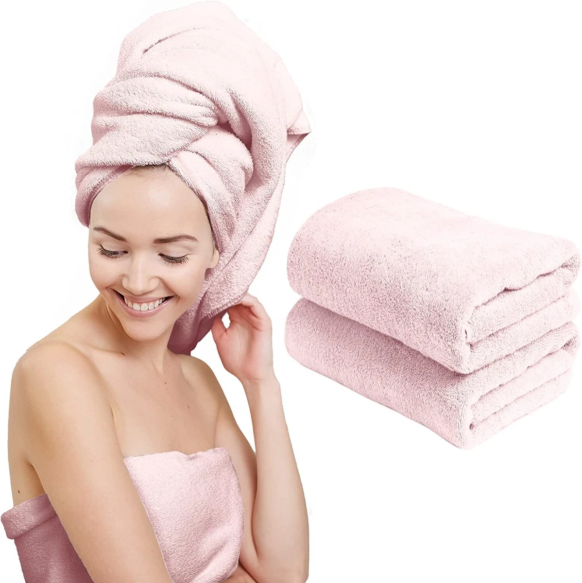 2 Pk XL Microfiber Hair Towels 24 x 48 Anti Frizz Bath Towel Light Pink  NEW