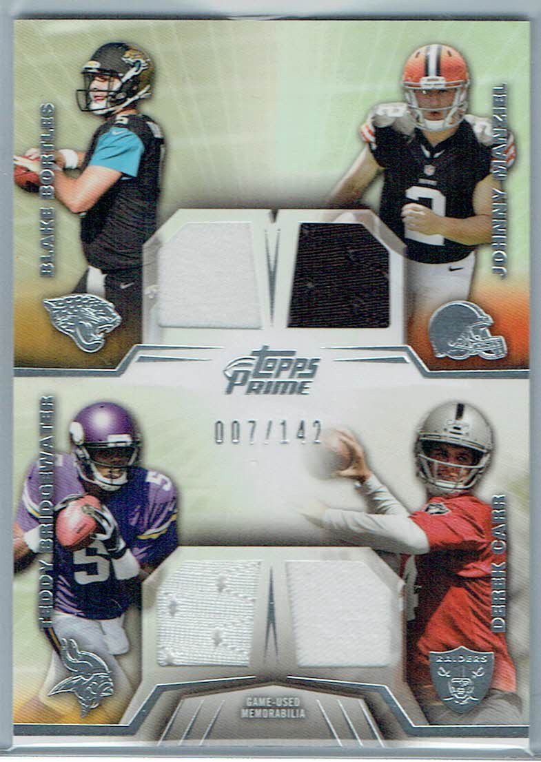 2014 TOPPS PRIME QUAD COMBO RELICS BRIDGEWATER/MANZIEL/BORTLES/CARR #7/142