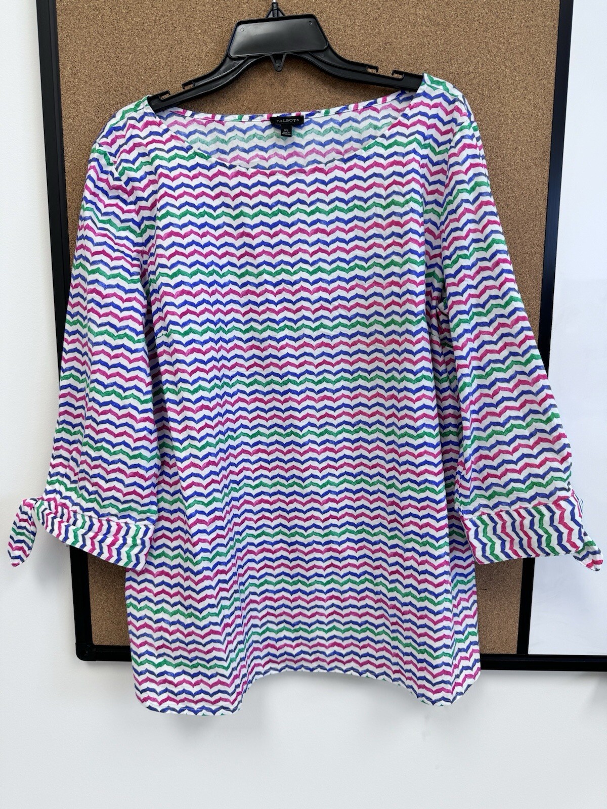 NWOT TALBOTS  COLORFUL WHALE-TAIL WAVY PRINT TIE SLEEVE POPOVER  BLOUSE XL