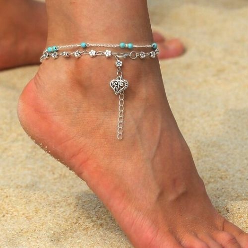 Cavigliera Cuore Argento 2 Strati Cavigliera Perline Turchese Margherita Catena Fiori - Foto 4 di 6