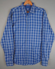 Bugatchi Uomo Shaped Fit Gray Blue Check Button Up Cotton Shirt Men's Size Large