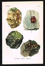 Garnet, Olivine & Idocrase – 1911 Geological Mineral Chromolithograph Print
