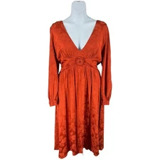 Anthropologie Love Whit Orange Jacquard V Neck Long Sleeve Midi Dress XL Holiday