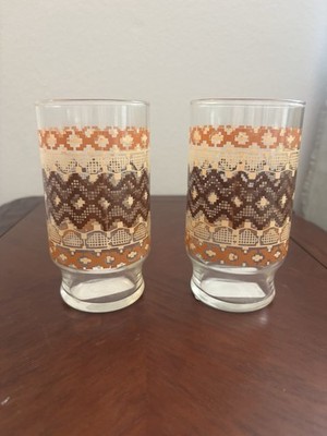 Libbey Neutral Lace Vintage 1970s Geometric Highball Glasses Set of 2
