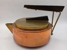 Copper & Brass Teapot Wood Handle Midcentury MCM 1960s 1970s Design