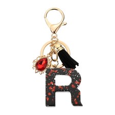 Initial Letter R Keychains, Resin Alphabet Key Ring with Tassel, Black/Red