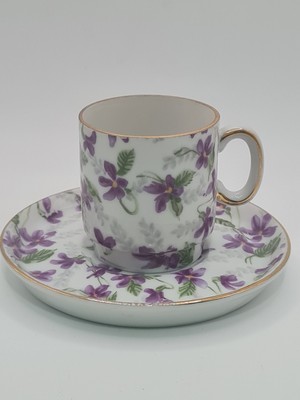 Vintage Inarco Demitasse Tasse & Untertasse Design aus lila Veilchen Gold vergoldeter Rand