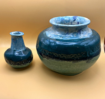 Handmade Studio Art Pottery Blue Green Glossy Vase Pair, Signed Ray 2022