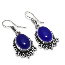 Blue Onyx Gemstone Handmade 925 Sterling Silver Jewelry Earring Size 1.5"