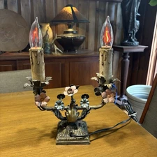 Antique 1920s Cast Iron & Tole Metal Flower Table Lamp Italian Style. New Wire