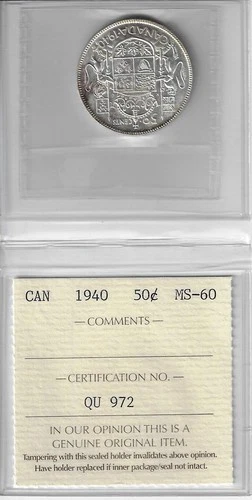 Canada 1940  50 Cent ICCS Certified MS60