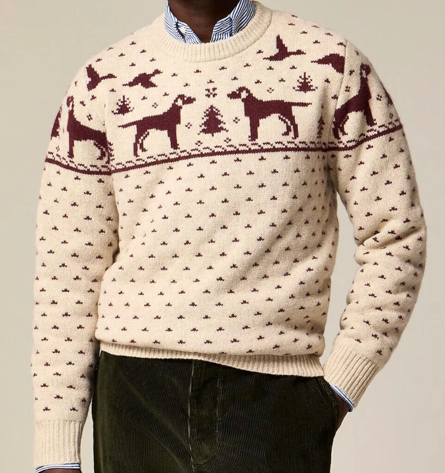 Suéter masculino de lã J Crew marrom cachorro pato caça Natal quente (todos os tamanhos) - Imagem 4 de 4