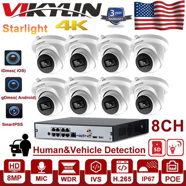 Vikylin 8CH 8PoE NVR 4K 8MP Starlight IR Camera MIC IVS iDmss CCTV System Lot Vikylin 8CH 8PoE NVR 4K 8MP Starlight IR Camera MIC IVS iDmss CCTV System Lot