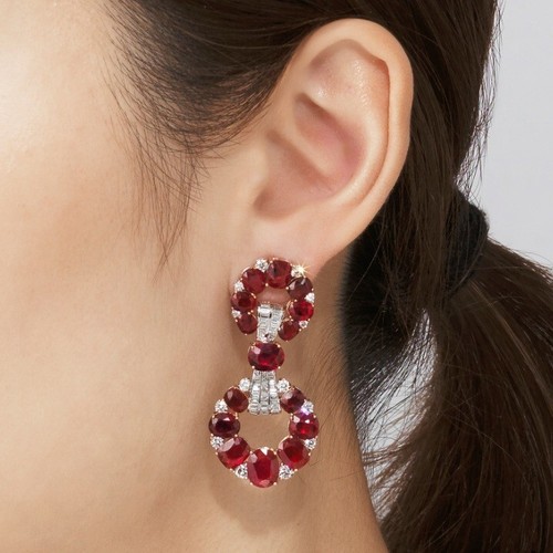 Lab-Created Cushion and Oval-Cut Rubies, Round and Baguette-Cut Diamonds Earring - Picture 2 of 5