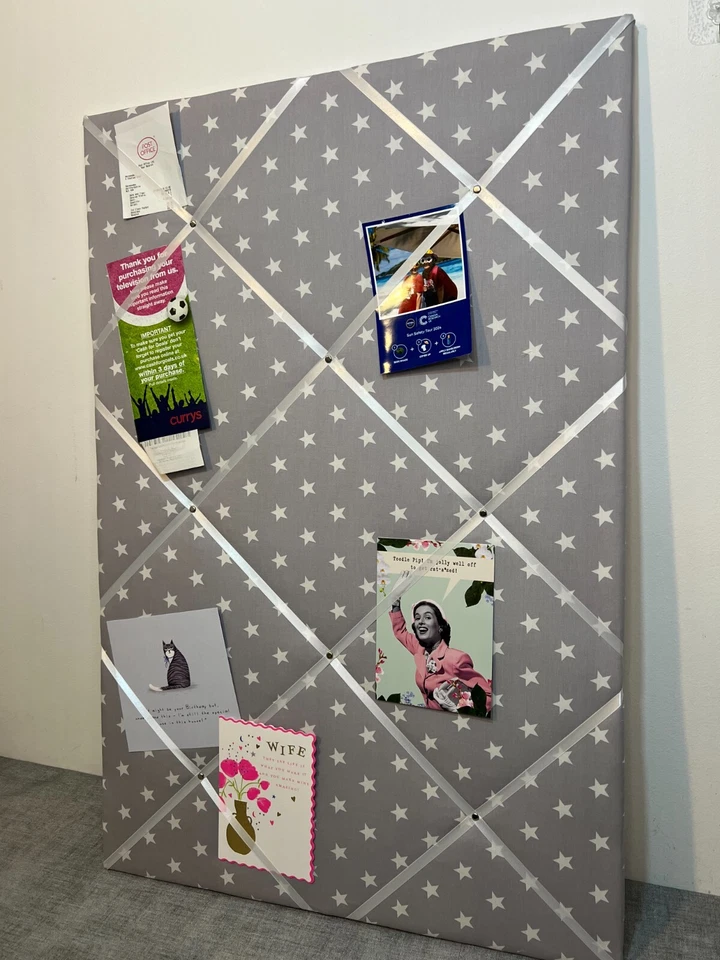 Dark Grey White Star Fabric Notice Board French Memo Ribbon Bulletin Handmade - Image 2 of 4