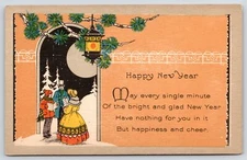 New Year~Carolers in Arch~Black Night Silver Moon~Lantern on Pine~ART DECO 1920s