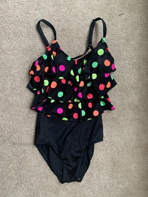 VINTAGE 80s 90s POLKA DOT SWIM SUIT BLACK WOMENS MEDIUM SIZE 10 ONE PIECE 