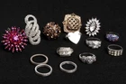 Lot of 14 Vintage Costume Jewelry Rings Various Sizes + Adjustable Rhinestone