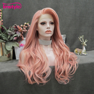 Peach Pink Synthetic Lace Front Wigs Wavy High Temperature  display picture 1