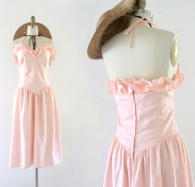 Vintage 80s Dance Allure Peach Ruffle Halter Sweetheart Summer Sun 70s - M