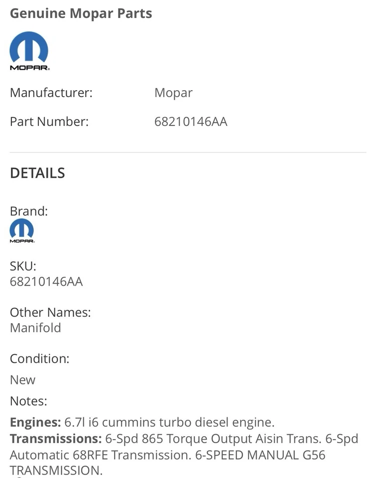 Colector de combustible OEM Mopar/Cummins Dodge Ram 25-3500 modelos 13-18 68210146AA Foto 2 de 4
