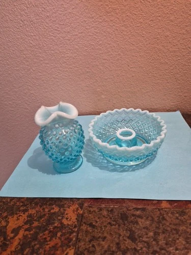 2 Pc Fenton Blue Opalescent Candleholder and Mini Vase